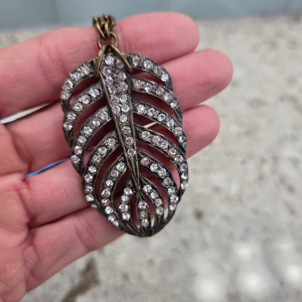 Antique Bronze Tone Rhinestone Leaf Pendant Long‎ Chain Necklace Statement
